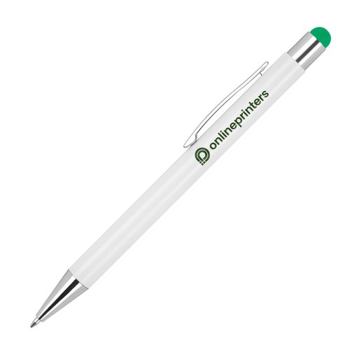 Green ballpoint pen with touch pen function and clip.