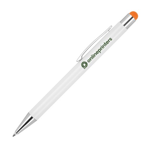 Orange ballpoint pen with touch pen and clip.