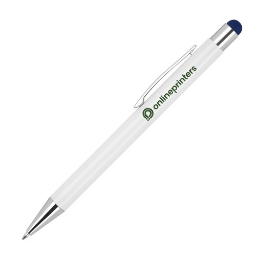 Dark blue ballpoint pen with touch pen and clip.