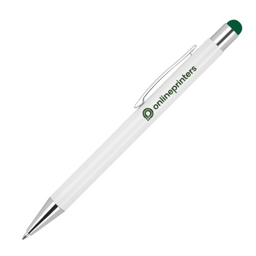 White metal ballpoint pen with touch pen function and clip.