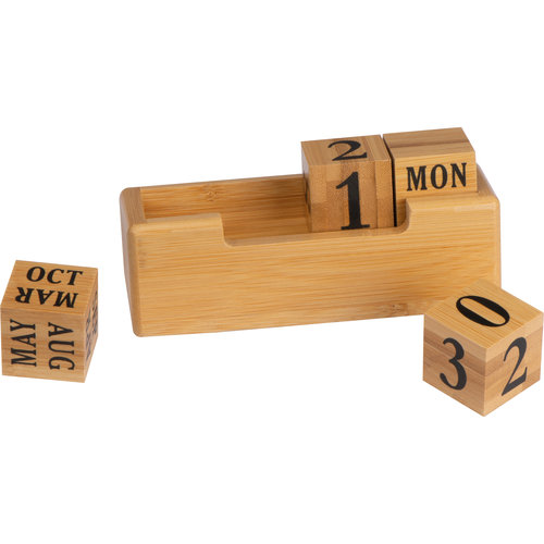 Beige wooden desk calendar with changeable cubes.