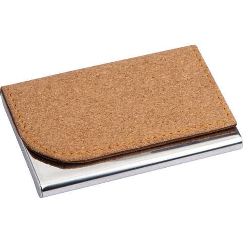 Beige cork and metal business card case.