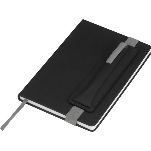 Gray notebook with pen loop and elastic band.