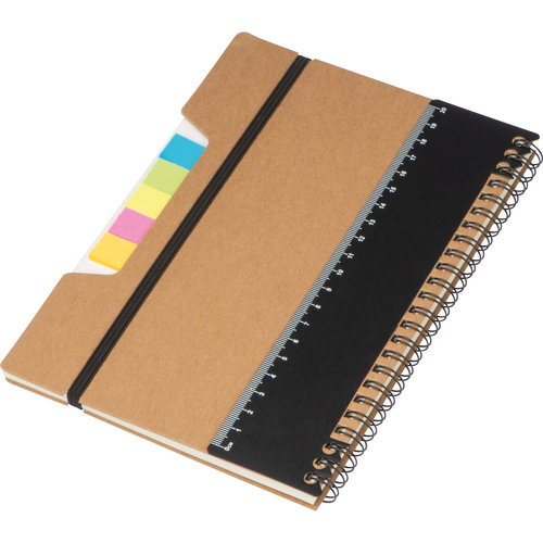 Brown notebook with elastic band and spiral binding.
