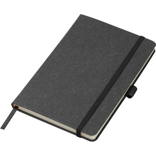Black notebook with elastic band and ribbon bookmark.