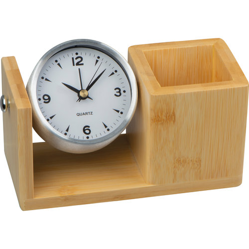 Beige bamboo pen holder with integrated clock.