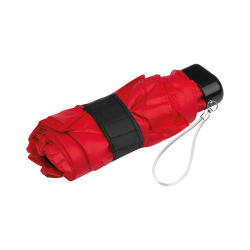 Red mini umbrella with carrying strap.