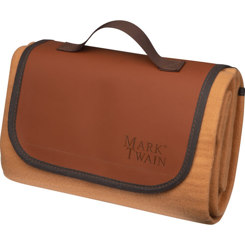 Beige picnic blanket with carrying handle and water-repellent underside.