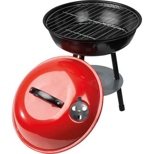 Red charcoal grill with lid and stand.
