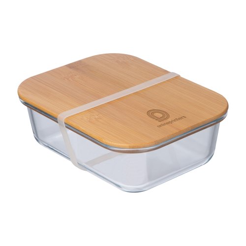 Transparent glass lunch box with bamboo lid and rubber band.