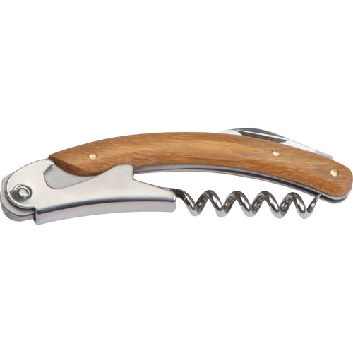 Beige wooden sommelier knife with bottle opener and corkscrew.