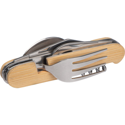 Beige camping cutlery made of bamboo and metal with various tools.
