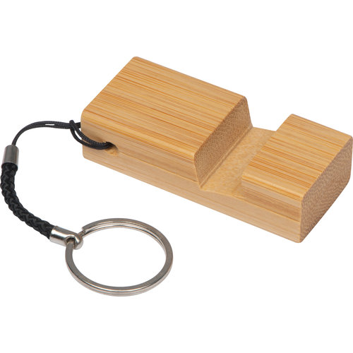 Beige wooden keychain with metal ring.