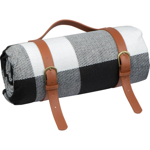 Multicolor picnic blanket with faux leather carry straps.