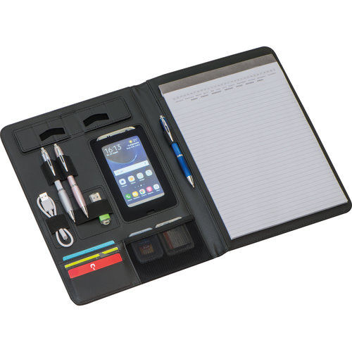 Black writing case with various compartments and pen holder.