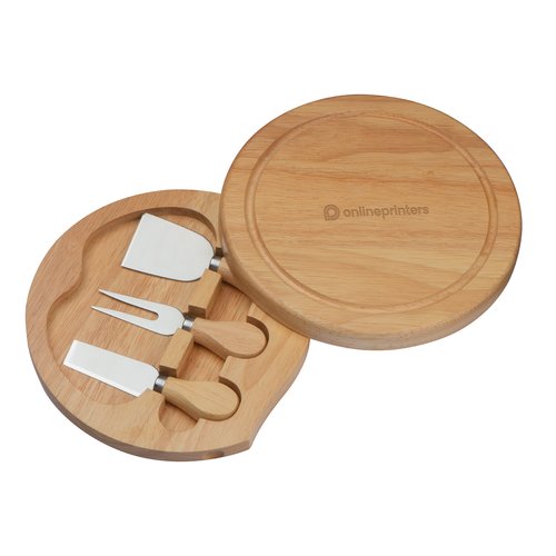 Beige wooden cheese board with matching cheese knives.