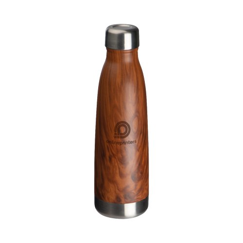 Wood-colored stainless steel insulated bottle with screw cap.