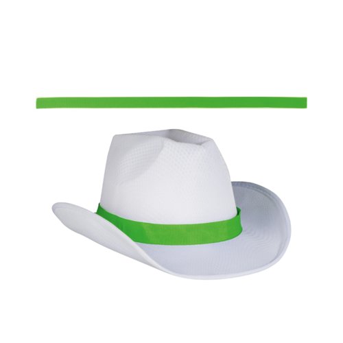 White fabric hat with colored hatband.