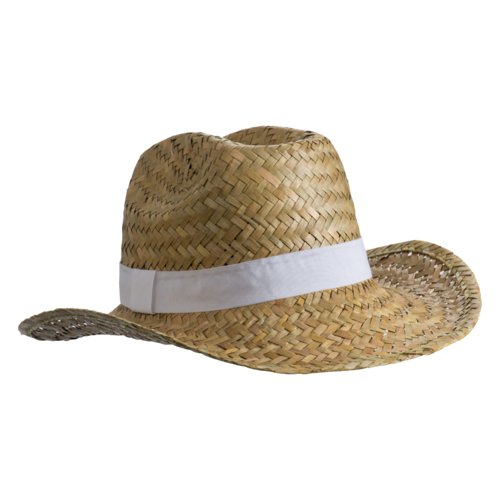 Straw hat with brim and decorative band.