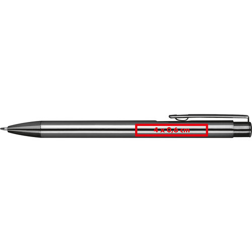 Silver-colored metal click ballpoint pen with clip.