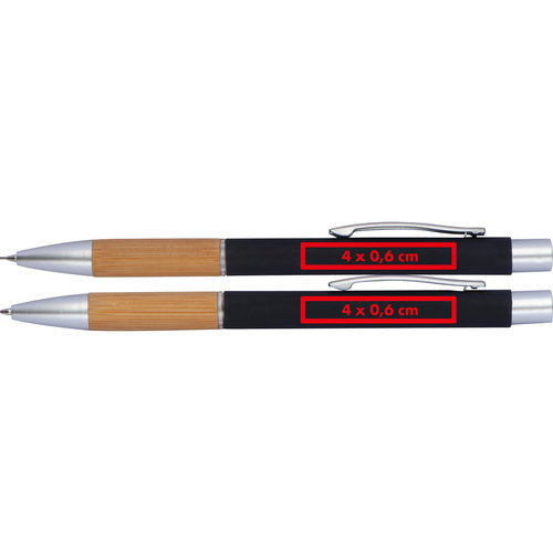 Bamboo and metal writing set with clip and push mechanism.