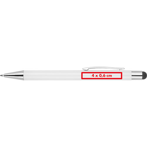 White ballpoint pen with touch pen and clip.