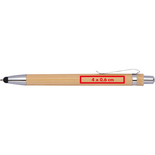 Wood-colored ballpoint pen with metal elements and touch pen function.