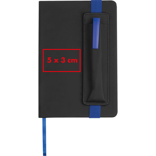 Black notebook with pen holder, elastic closure and ribbon bookmark.