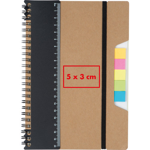 Brown notebook with spiral binding, elastic band and sticky notes.
