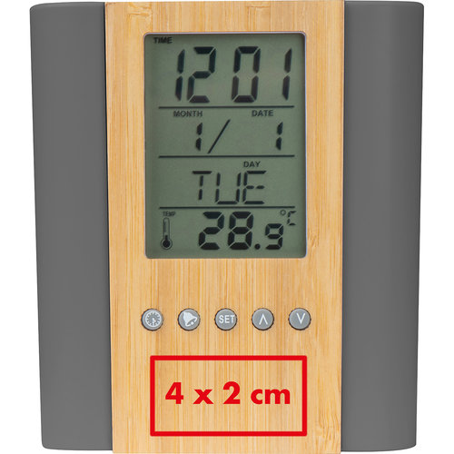 Gray bamboo pen holder with digital display.