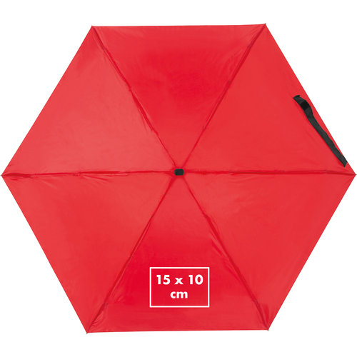 Red mini umbrella with manual opening mechanism.