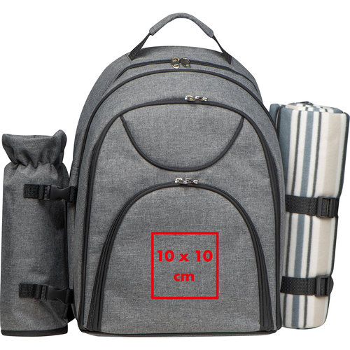 Gray picnic backpack with bottle holder and blanket holder.