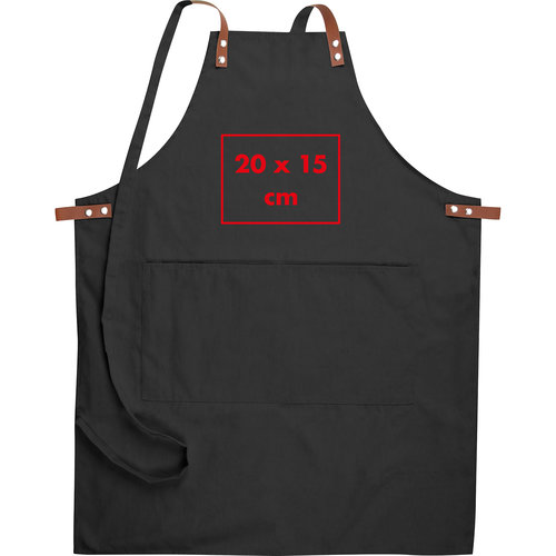Black fabric apron with patch pocket and adjustable neck strap.