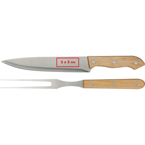 Silver meat fork set with wooden handle.