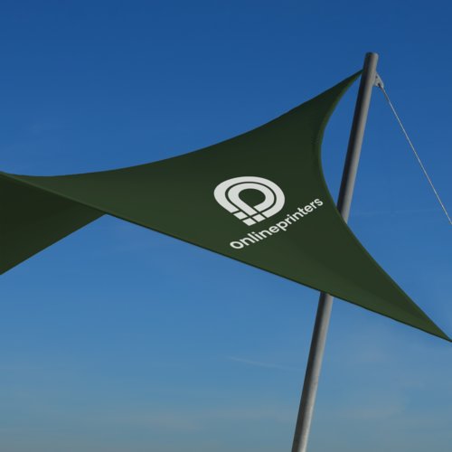 Square fabric sunshade with reinforced corners.