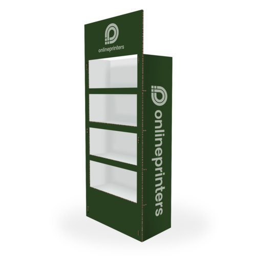 Cardboard display stand with four shelves.