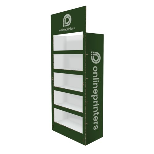 Green cardboard display stand with five shelves.