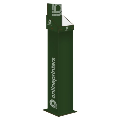 Green cardboard product display for the floor, deep design.