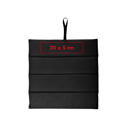 Black non-woven seat cushion with carrying loop.