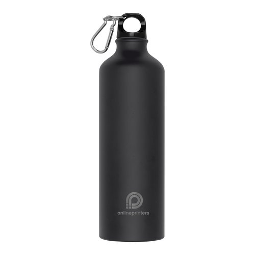 Black metal water bottle with carabiner.