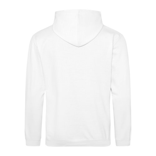 White cotton-polyester hoodie with hood and kangaroo pocket.