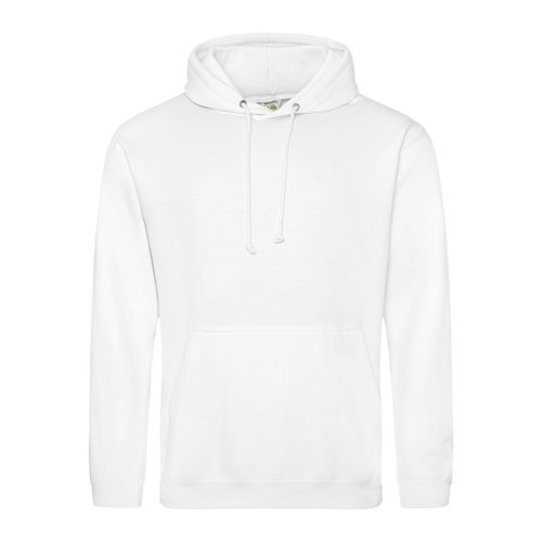 White cotton blend hoodie with drawstring and kangaroo pocket.