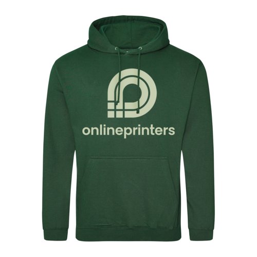 Green fabric hoodie with drawstring and kangaroo pocket.