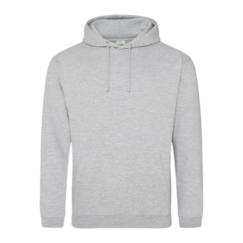 Gray heather cotton-polyester hoodie with hood and drawstring.