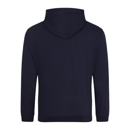 Navy-blue cotton-blend hoodie with hood and drawstring.