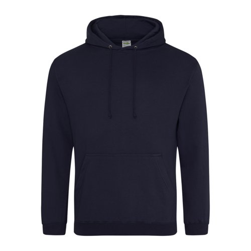 Navy blue cotton-blend hoodie with hood and kangaroo pocket.