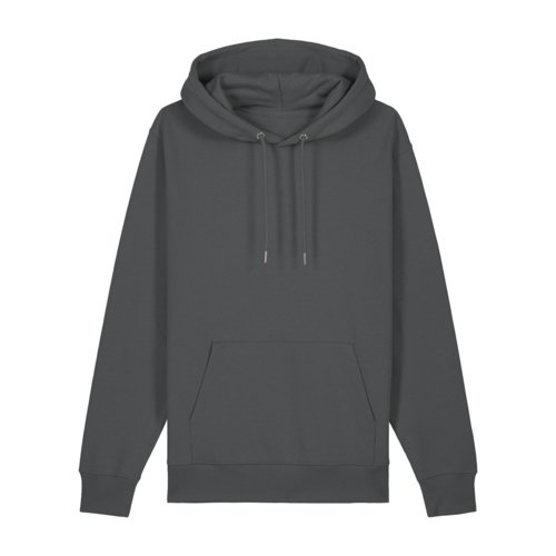 Anthracite organic cotton hoodie with hood and kangaroo pocket.