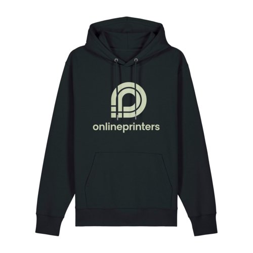 Dark fabric hoodie with hood and drawstring, unisex cut.