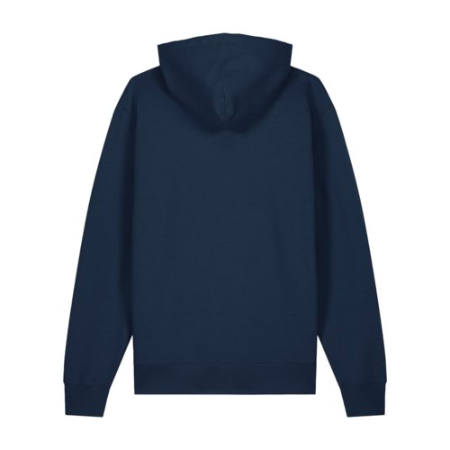 Navy-blue organic cotton hoodie with hood.