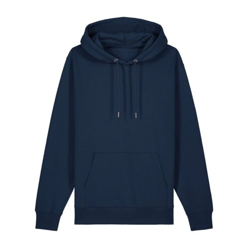 Navy blue cotton hoodie with hood and kangaroo pocket.